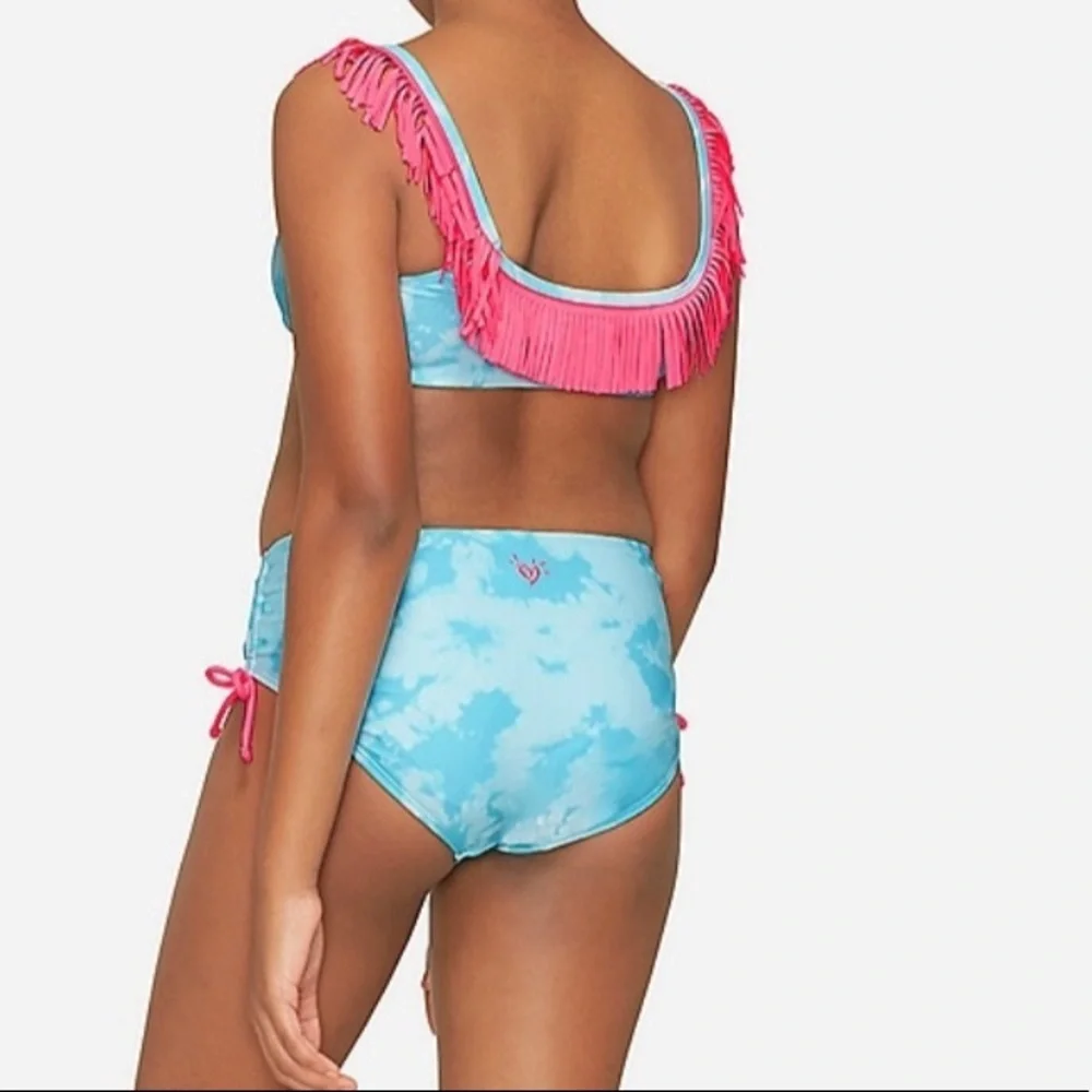 nwt justice girls tie dye fringe bikini-sz 8 bathing swim suit pink blue